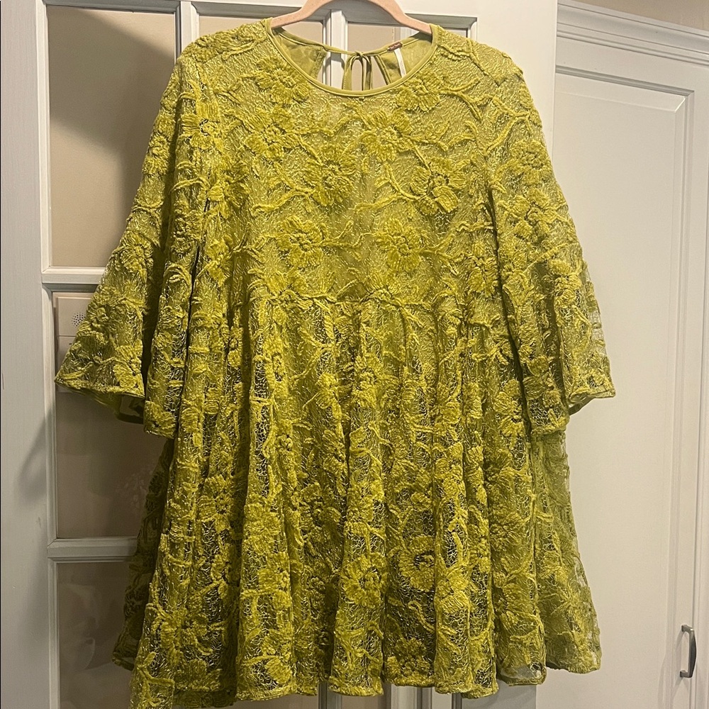 Free People Chartreuse Lace Flare Dress